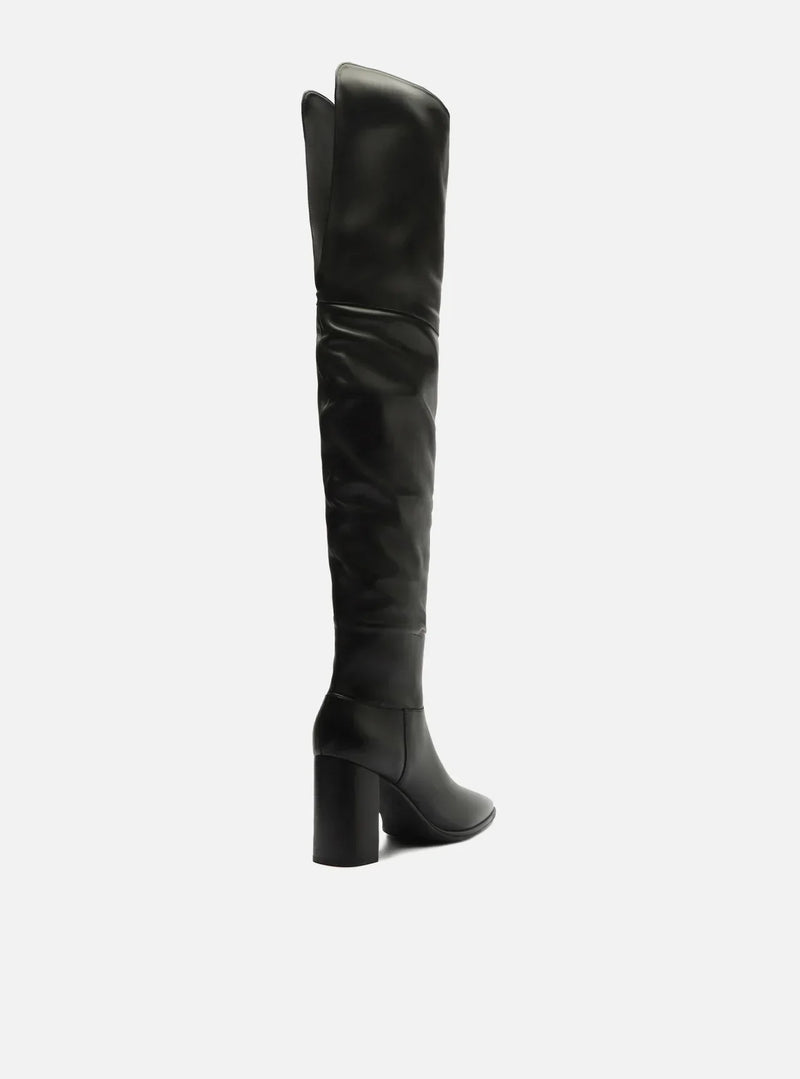 Bota Over The Knee Preta Couro Salto Alto